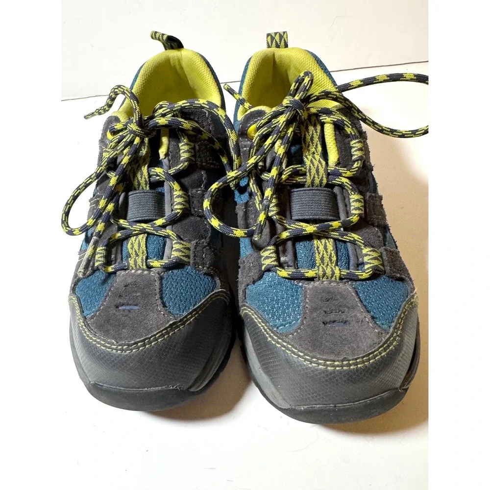 LL Bean Trail Model Hiking Shoes Kids Size 2 Blue Grey Lime Green Low Top 300510
